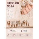 Medium‑Long Almond Press‑On Nails, Coffee Gradient Leopard Print Luxury Gold Rhinestone Fake Nails